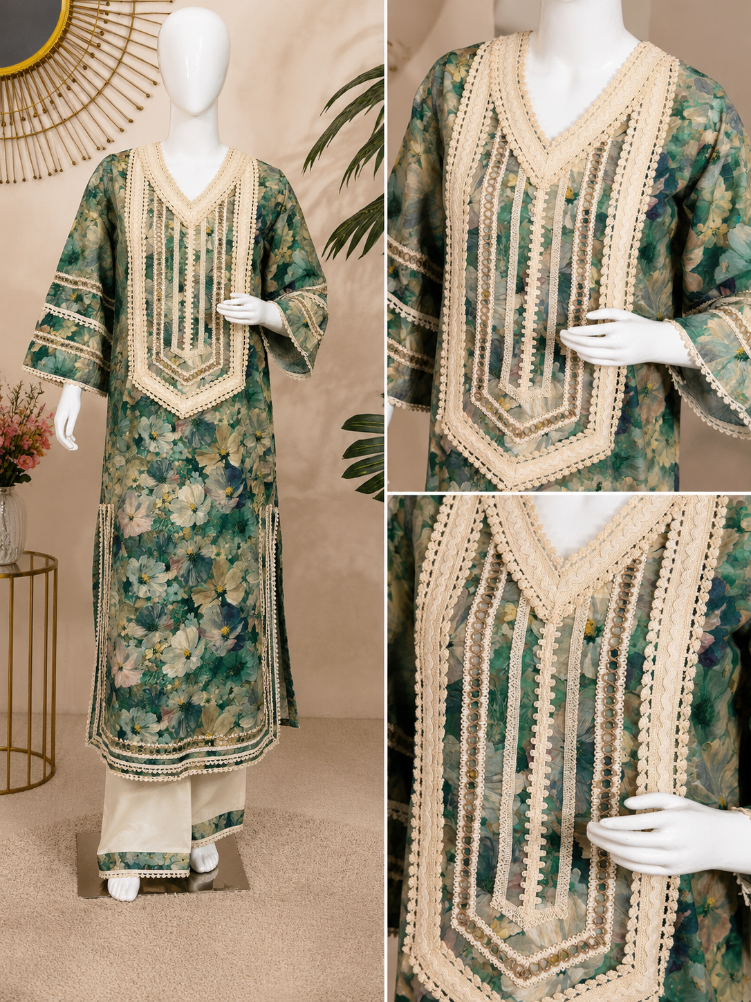 Threaditionals Premium Floral Embroidered Lawn Suit – Green