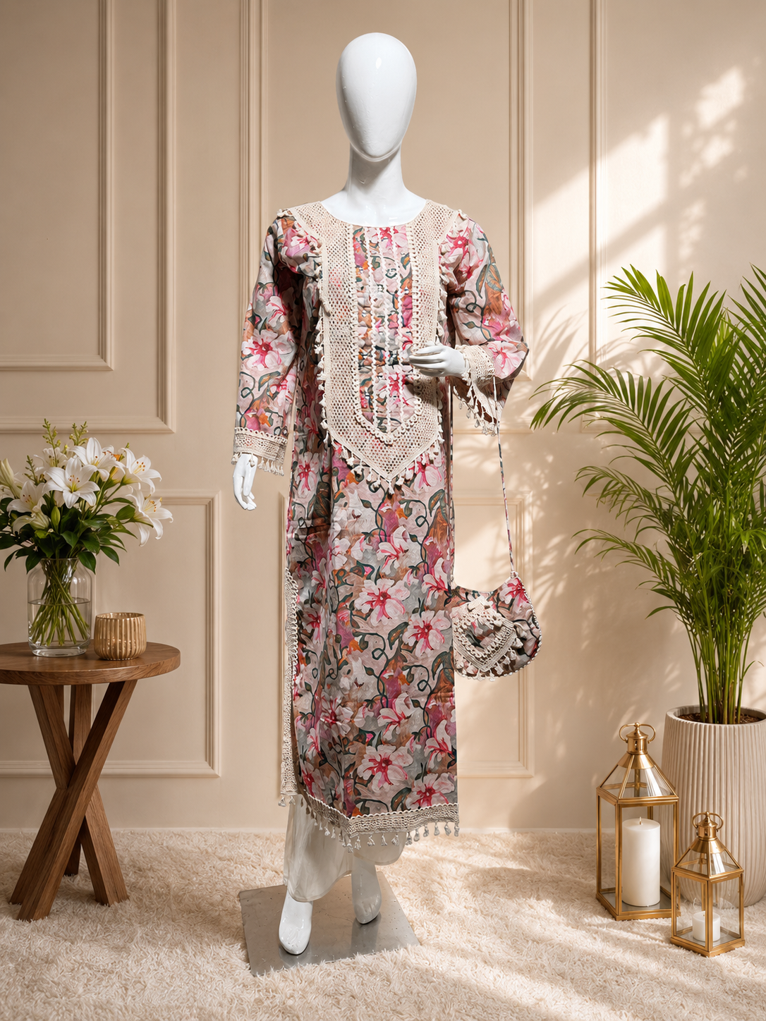 Premium Floral Embroidered Lawn Suit – Pink Beige