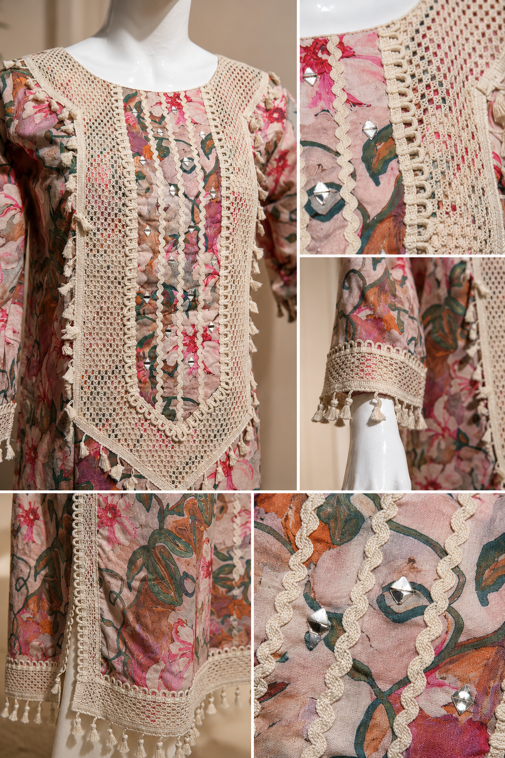 Premium Floral Embroidered Lawn Suit – Pink Beige