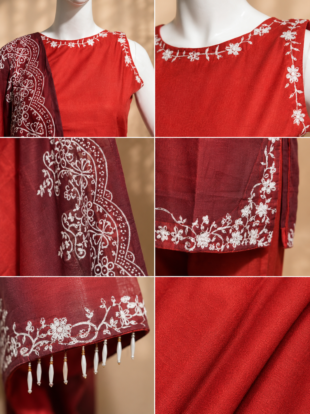 Maroon Ombre Embroidered 3 Piece Suit Set