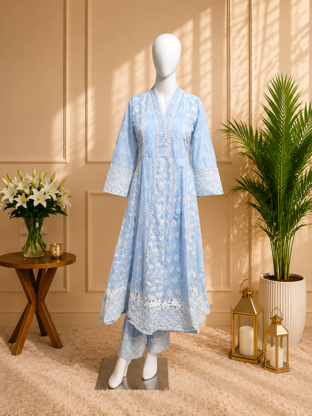 Sky Blue Chikankari Embroidered 3 Piece Suit Set