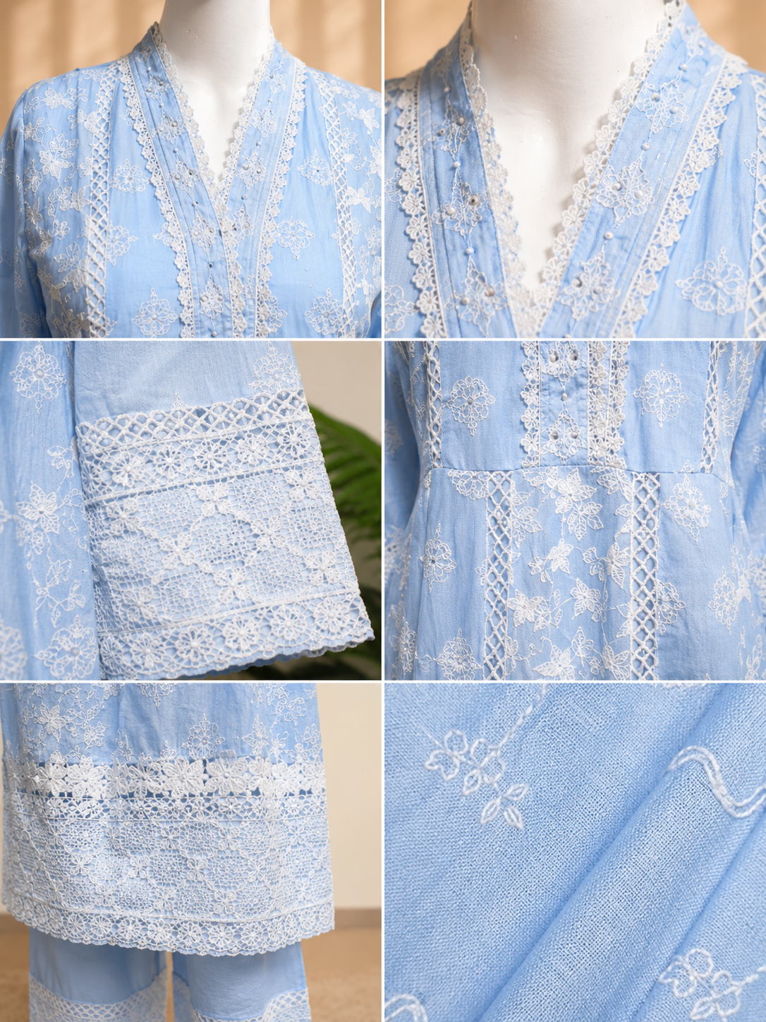 Sky Blue Chikankari Embroidered 3 Piece Suit Set