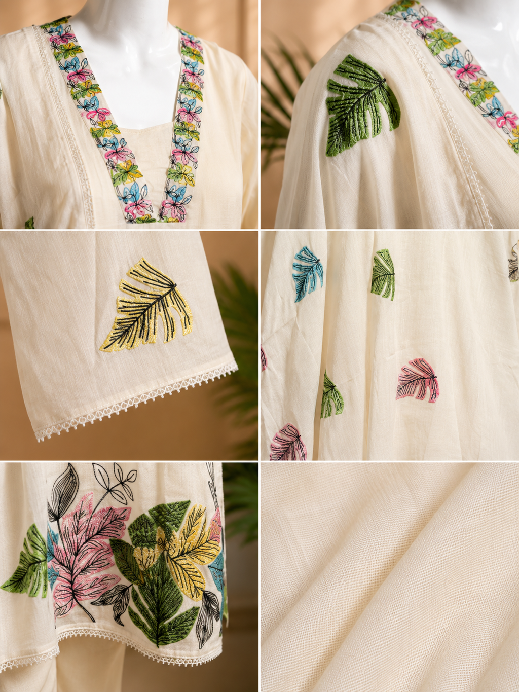 Ivory Botanical Embroidered 3 Piece Suit Set | Elegant Summer Wear