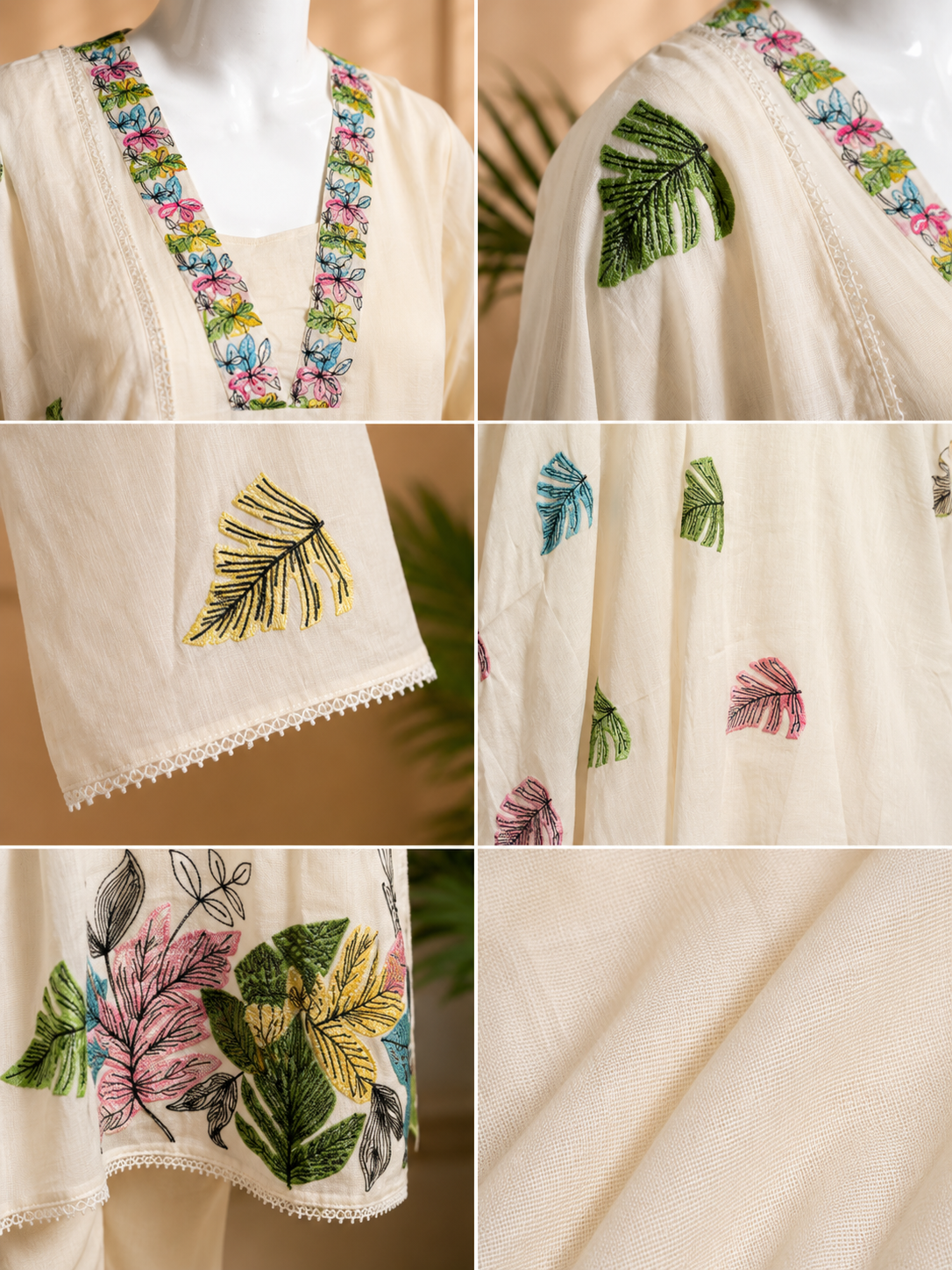 Ivory Botanical Embroidered 3 Piece Suit Set | Elegant Summer Wear