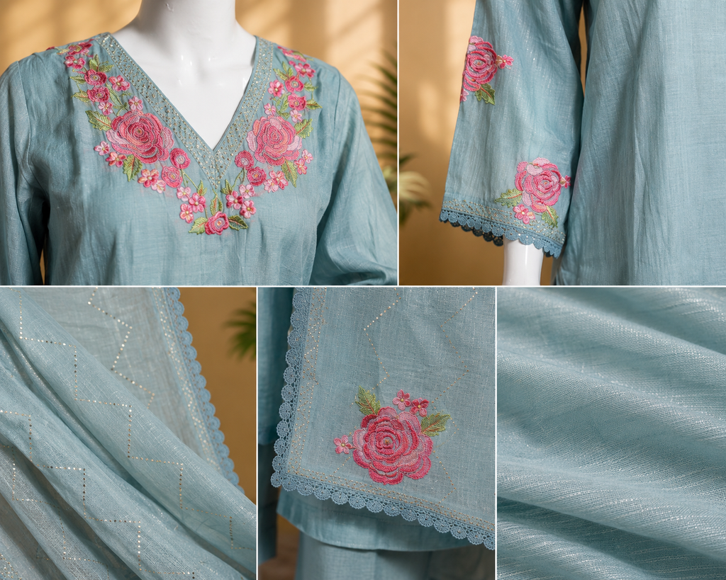 Powder Blue Floral Embroidered 3 Piece Suit Set | Threaditionals