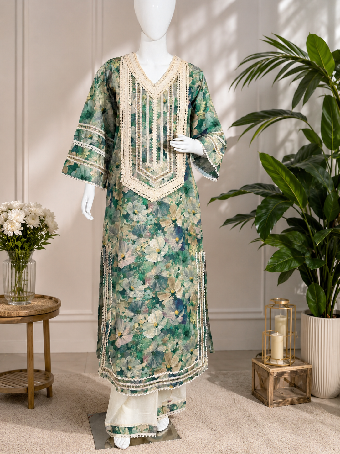 Threaditionals Premium Floral Embroidered Lawn Suit – Green
