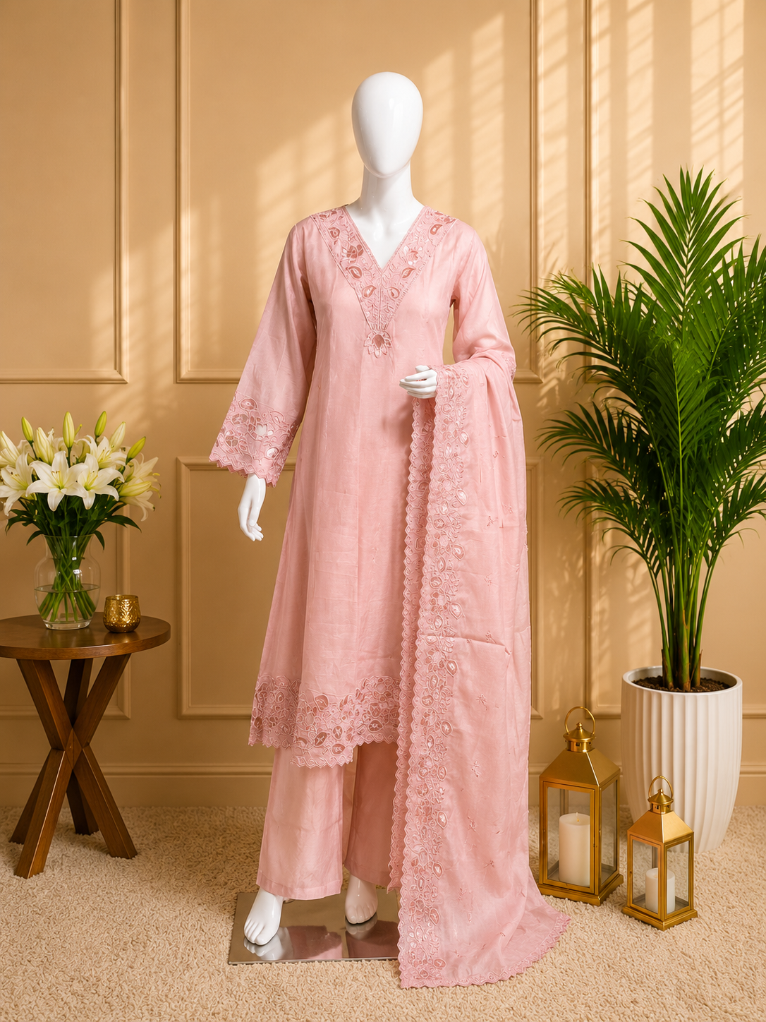 Threaditionals Blush Pink Embroidered Luxury 3-Piece Suit Set