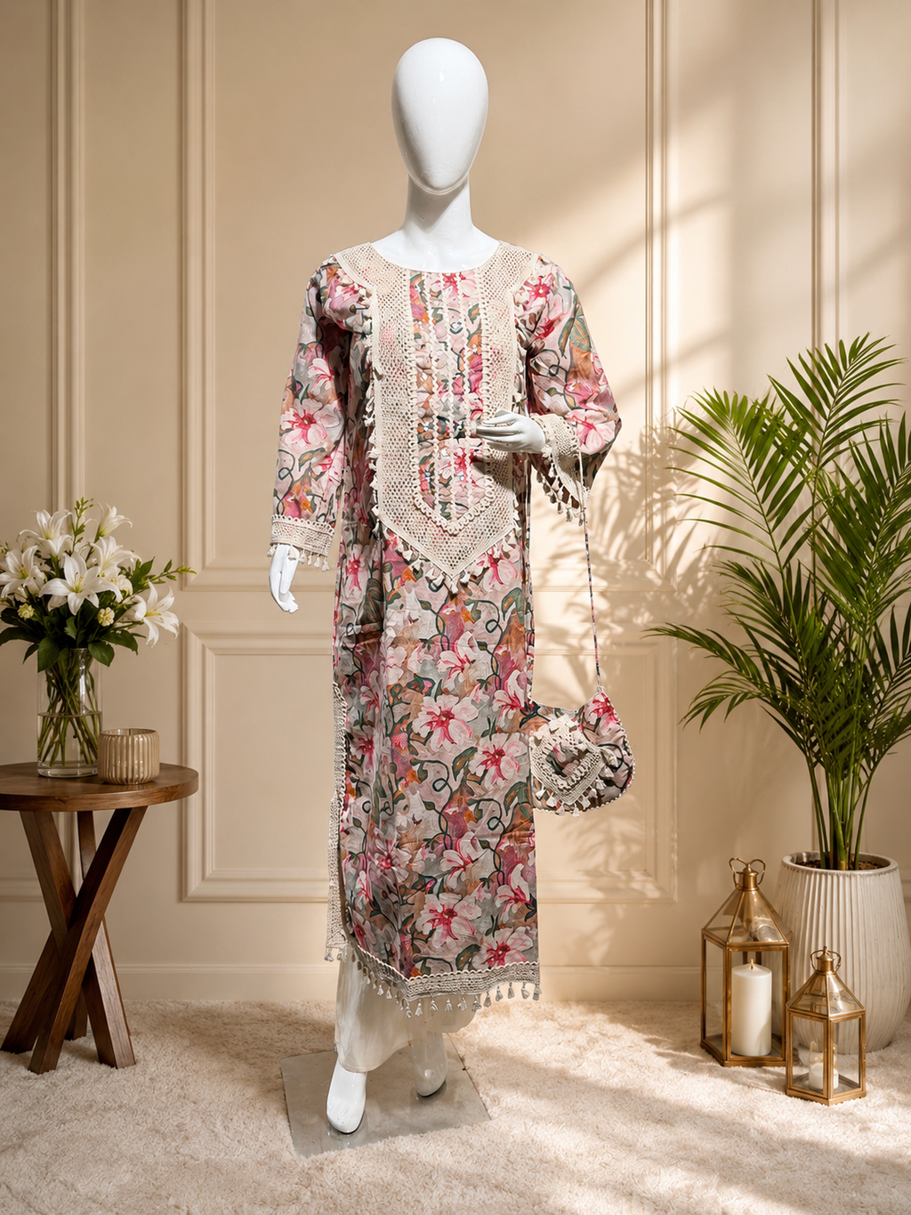 Premium Floral Embroidered Lawn Suit – Pink Beige