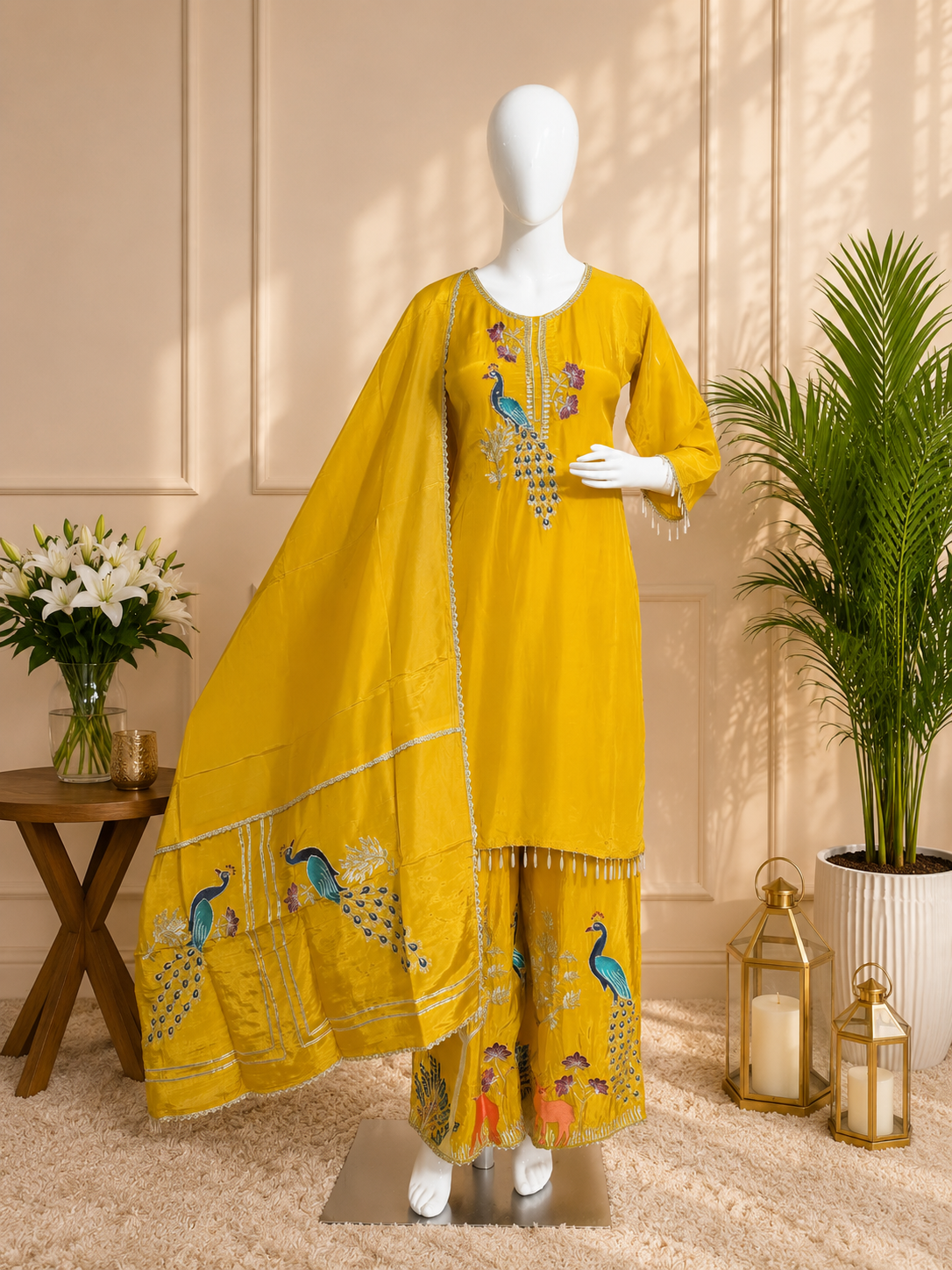 Mustard Yellow Peacock Embroidered 3 Piece Suit