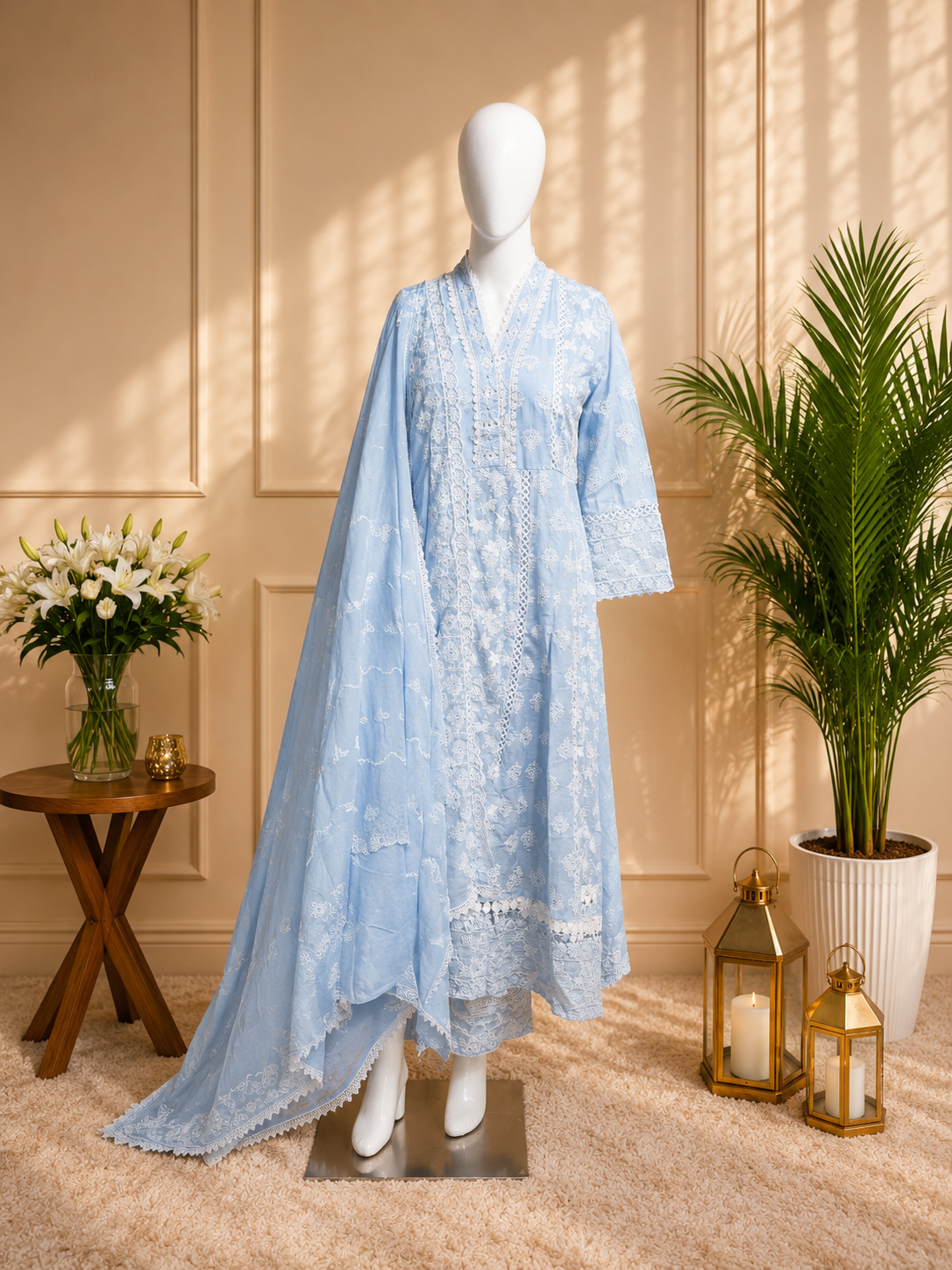 Sky Blue Chikankari Embroidered 3 Piece Suit Set