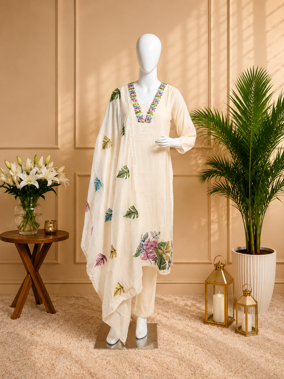 Ivory Botanical Embroidered 3 Piece Suit Set | Elegant Summer Wear