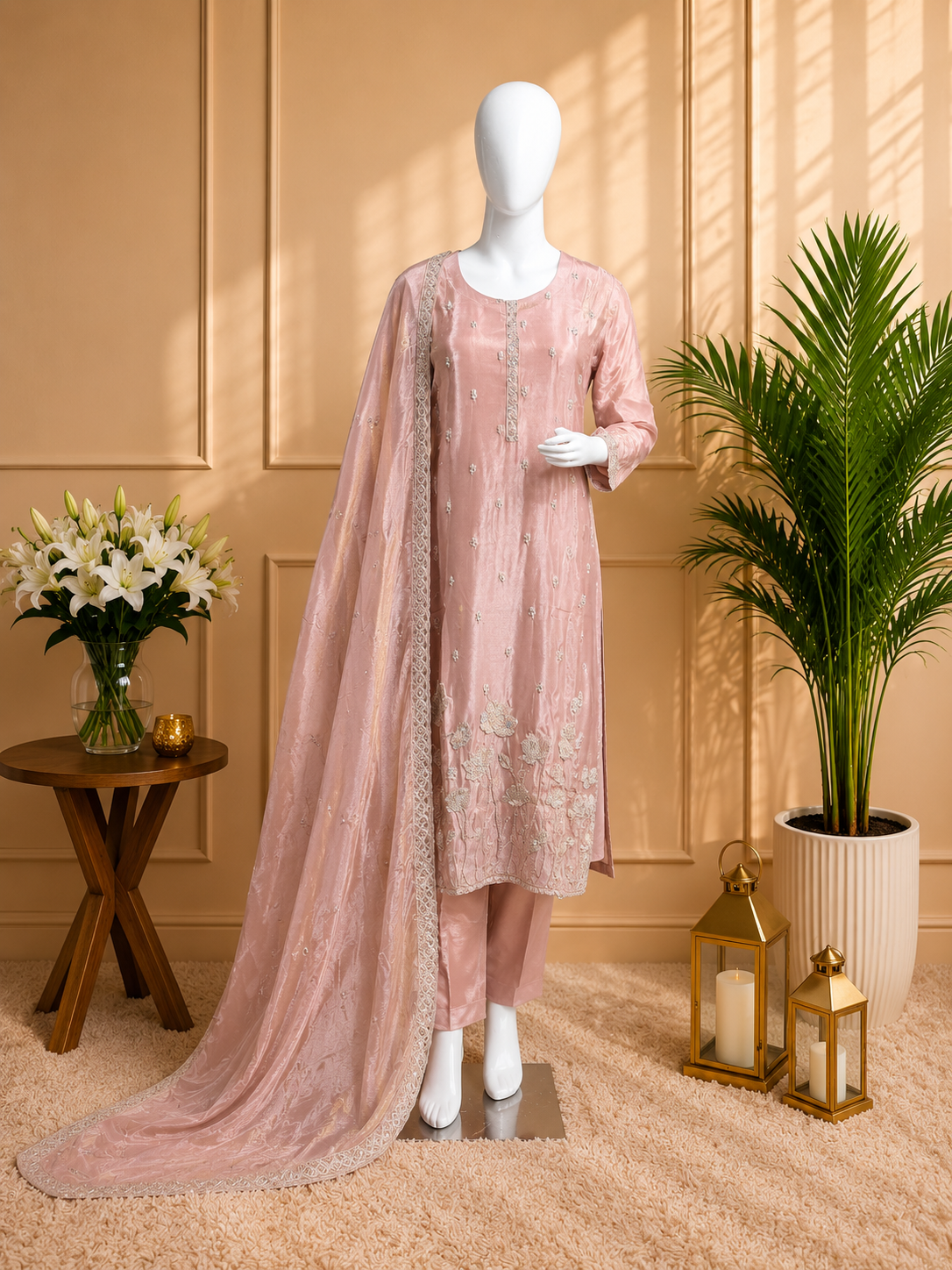 Blush Pink Embroidered Luxury 3 Piece Suit Set