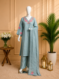 Powder Blue Floral Embroidered 3 Piece Suit Set | Threaditionals
